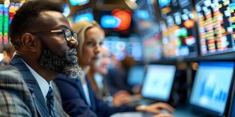 Active traders on stock exchange floor engaging in quick financial deals. Concept Financial Trading, Stock Exchange, Active Traders, Fast-paced Deals, Market Volatility - obrazy, fototapety, plakaty