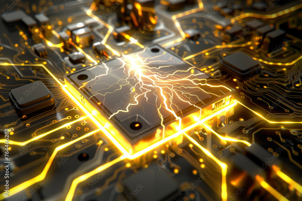 Poster a processor with a yellow and silver design and a lightning system on it