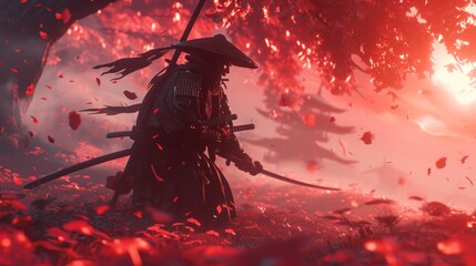 Japanese swordsman in a field of red flowers - obrazy, fototapety, plakaty