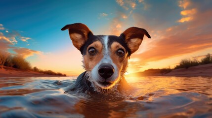 A Labrador Retriever is joyfully swimming in the liquid sky at sunset