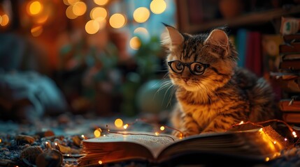 a kitten is sitting on top of an open book