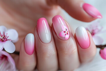 A professional manicure with pink and white ombre nails and a flower on the ring finger