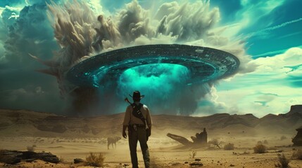 A western cowboy stands in front of a giant UFO in the sky