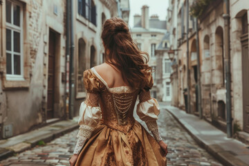 A woman in a vintage 18th-century dress is walking along a cobblestone street.