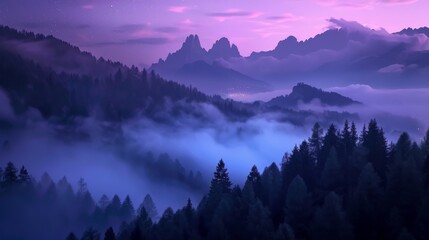 Mountains in fog on beautiful autumn night in Dolomites, Italy, landscape with alpine mountain valley, low clouds, forest, purple sky with stars, city lights at sunset, Passoggio aerial view - obrazy, fototapety, plakaty