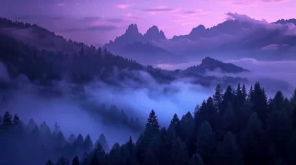 Poster Mountains in fog on beautiful autumn night in Dolomites, Italy, landscape with alpine mountain valley, low clouds, forest, purple sky with stars, city lights at sunset, Passoggio aerial view © peerawat
