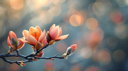 The whispers of spring with buds and blossoms unfolding in the gentle sunlight, marking a floral awakening - obrazy, fototapety, plakaty