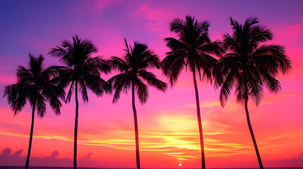 Tropical twilight with palm trees silhouetted against sunset skies, conveying the serene beauty of island landscapes