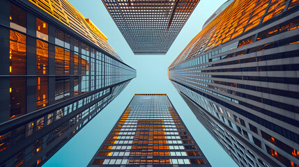 Urban geometry with architectural details in modern skylines, highlighting the symmetry of the cityscape - obrazy, fototapety, plakaty