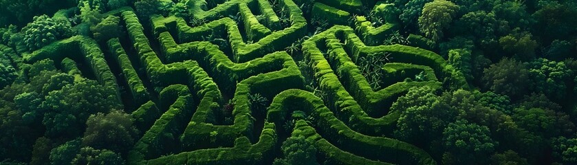 Lush Verdant Winding Maze-Like Organic Hedge Landscape in Overgrowth Forest - obrazy, fototapety, plakaty