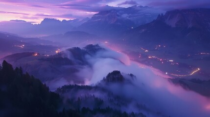 Mountains in fog on beautiful autumn night in Dolomites, Italy, landscape with alpine mountain valley, low clouds, forest, purple sky with stars, city lights at sunset, Passoggio aerial view