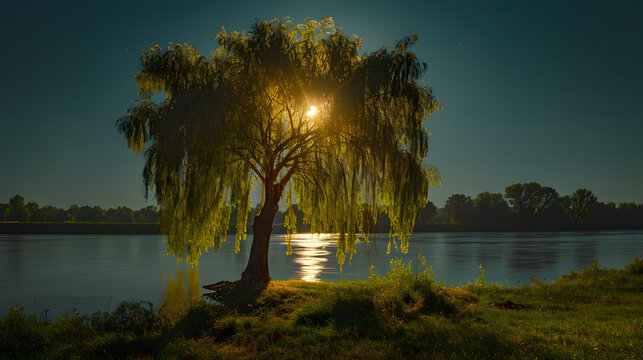 The whispering willows engaged in a moonlit ballet along the riverside, embodying the grace of nature under lunar light