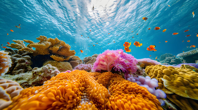 Vibrant coral reefs through submerged aquatic lenses, providing an immersive perspective on underwater ecosystems