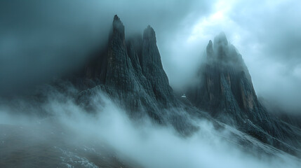 The drama of stormy skies over mountain peaks with swirling fog, creating a mystical and atmospheric mountain scene - obrazy, fototapety, plakaty