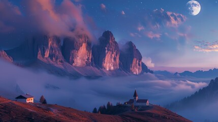 Mountains in fog with beautiful house and church at night in autumn. Landscape with high rocks, blue sky with moon. Rocky mountain peaks in clouds. Tre Cime in Dolomites, Italy. Alps at sunset in fall - obrazy, fototapety, plakaty