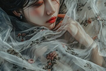 Portrait of a beautiful Chinese girl with high-quality embroidered silk fabric