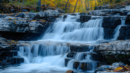 The dynamic flow of waterfalls over granite rock formations, turning the scene into a cascade symphony