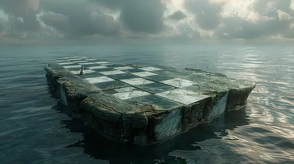Schilderijen op glas Surreal landscape of a broken chessboard floating over an endless sea, with pieces slowly sinking, representing strategic loss and contemplation © Jennifer