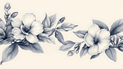 The beautifully detailed grayscale botanical frame showcases a variety of flowers and leaves.