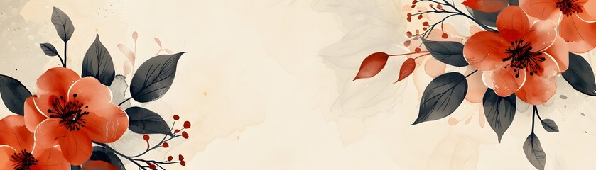 A panoramic banner featuring vibrant watercolor red flowers and dark leaves on a textured vintage background.
