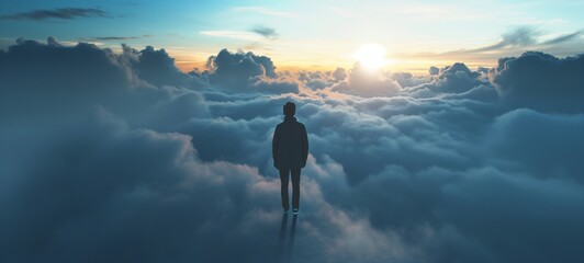 An esper man was flying above the clouds with a grand view - obrazy, fototapety, plakaty