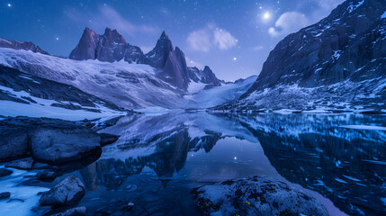 Ethereal moonlit reflections on alpine glacier lakes, showcasing the pristine beauty of high-altitude landscapes