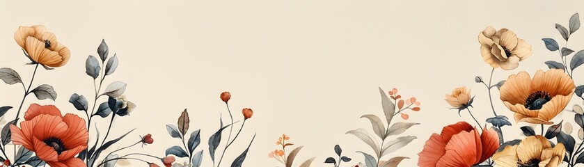 Vibrant watercolor red flowers and dark leaves stand out against a textured vintage background in this panoramic banner. - obrazy, fototapety, plakaty