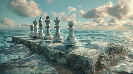 Surreal landscape of a broken chessboard floating over an endless sea, with pieces slowly sinking, representing strategic loss and contemplation