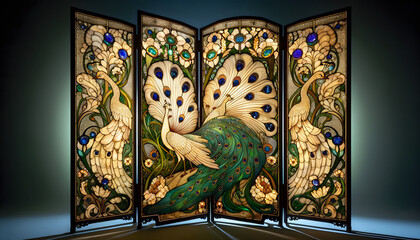 a beautifully lit folding screen adorned with an intricate Art Nouveau design of peacocks, highlighted by jewel glass inlays