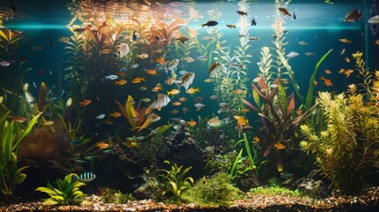 Reef tank, marine aquarium full of fishes and plants. Tank filled with water for keeping live...