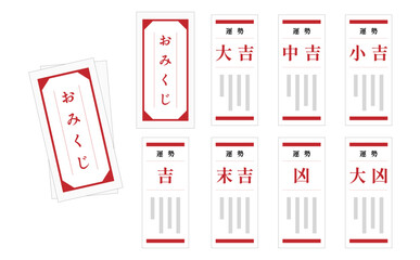 伝統的な日本の神社のおみくじ占いセット(大吉、中吉、小吉、吉、末吉、凶、大凶) © Keyglad