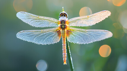 Glistening dragonfly wings covered in morning dew, portraying an ethereal flight