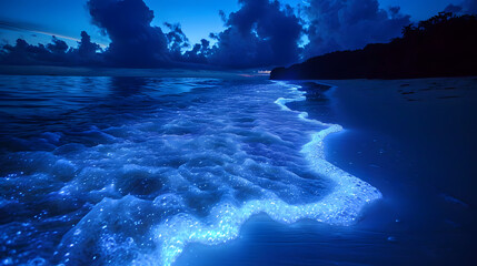 Luminous bioluminescent waves breaking under the midnight sky, revealing the magical glow of marine life in the dark