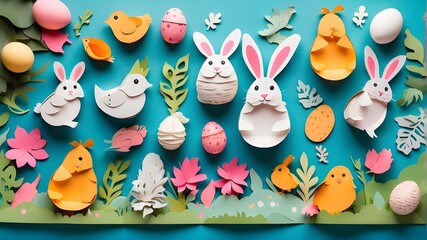 Handmade Easter pattern background including paper toys for decoration. upper view with area for copy. Greetings on Easter card - obrazy, fototapety, plakaty