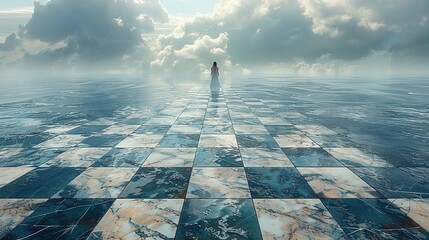 Surreal landscape of a broken chessboard floating over an endless sea, with pieces slowly sinking, representing strategic loss and contemplation - obrazy, fototapety, plakaty