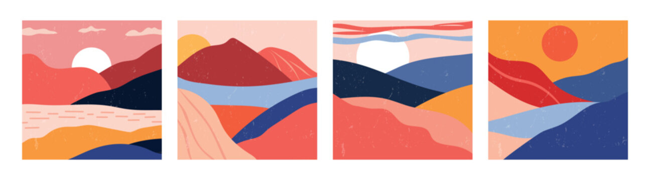 Set of abstract landscape banners. Trendy flat backgrounds mountain landscapes. Poster about nature, sunset.