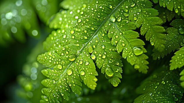 Macro details of raindrop-covered fern fronds, revealing the intricate beauty of these ancient and verdant plants