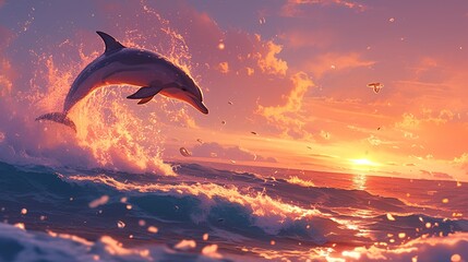 イルカと夕日の風景9 - obrazy, fototapety, plakaty