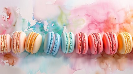 Row of bright macarons with different colors on pastel watercolor background with artistic gradient...