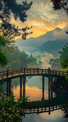 The Enchanting Serenity of a Misty Mountain Landscape: Sunset over Pristine Wilderness with a Reflective Lake and Wooden Bridge
