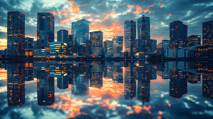 Abstract patterns in urban skylines during ethereal dusk, transforming the cityscape into an elegant display - obrazy, fototapety, plakaty