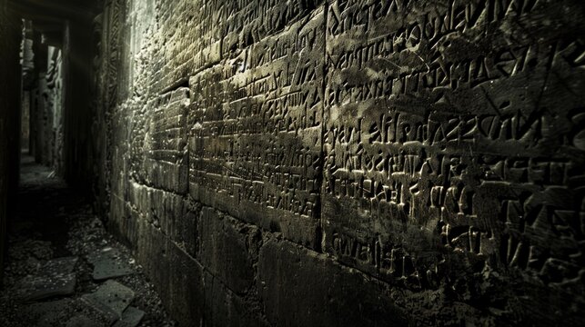 The old wall with ancient Hindu scriptures is extremely mysterious