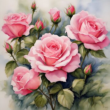 water colour picture of a bunch of pink roses some in bud, half buds, and blooming