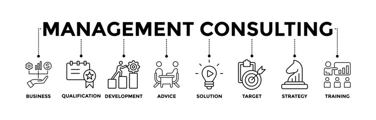 Management consulting icons set with black outline icon of business, qualification, development, advice, solution, target, strategy, training 