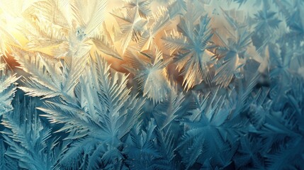 Large futuristic pattern of frozen ice on glass in the rays of winter dawn, cold glowing thorns texture, thorns wallpaper, sparkling winter fantasy ornament - obrazy, fototapety, plakaty