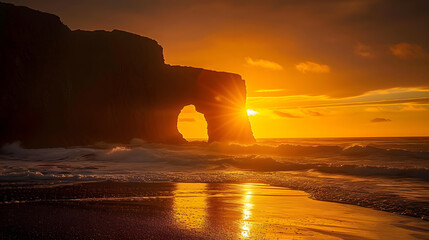 The drama of coastal rock arch silhouettes against the setting sun, emphasizing the iconic shapes along shorelines - obrazy, fototapety, plakaty