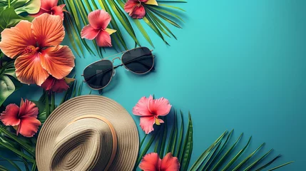 Tuinposter Summer holiday, vibrant tropical flowers, a sun hat, and stylish sunglasses are artfully arranged against a backdrop of serene blue © Aekawat
