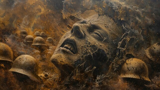 Huge face in pain on the ground surrounded by fallen soldiers, pain of war concept