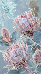 Delicate vertical background with protea flowers, web wallpaper