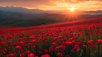 cinematic sunrise over poppy-covered hills, turning the landscape into a scarlet horizon ballet - obrazy, fototapety, plakaty